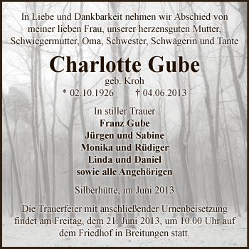 Traueranzeige von Charlotte Gube von Super Sonntag SGH Mansf. Land