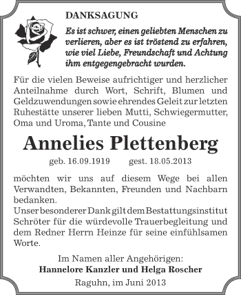 Traueranzeige von Annelies Plettenberg von WVG - Wochenspiegel Bitterfeld