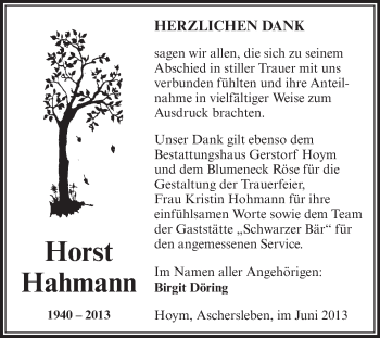 Traueranzeige von Horst Hahmann von WVG - Wochenspiegel Aschersleben