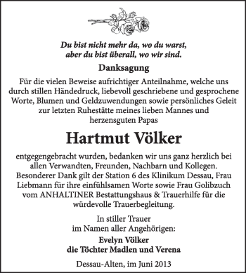 Traueranzeige von Hartmut Völker von Super Sonntag Dessau / Köthen