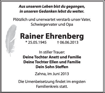 Traueranzeige von Rainer Ehrenberg von WVG - Wochenspiegel Wittenberg