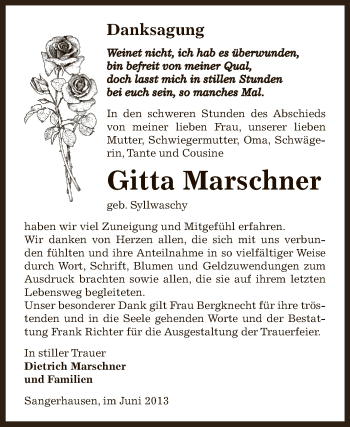 Traueranzeige von Gitta Marschner von Super Sonntag SGH Mansf. Land