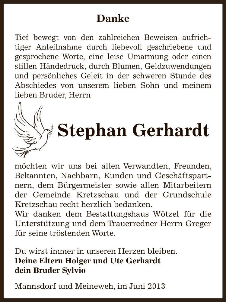  Traueranzeige für Stephan Gerhardt vom 16.06.2013 aus Super Sonntag Zeitz