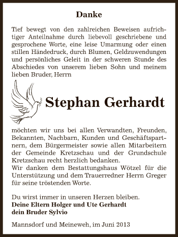 Traueranzeige von Stephan Gerhardt von Super Sonntag Zeitz