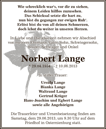 Traueranzeige von Norbert Lange von WVG - Wochenspiegel Dessau / Köthen