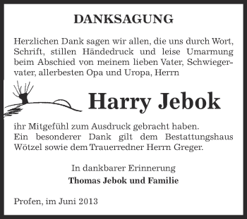 Traueranzeige von Harry Jebok von Super Sonntag Zeitz