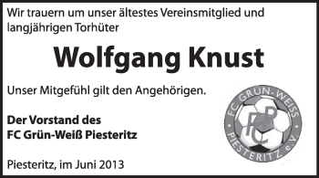 Traueranzeige von Wolfgang Knust von Super Sonntag Wittenberg