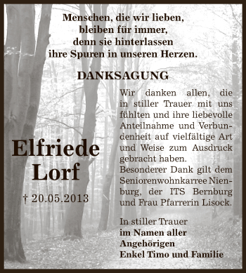 Traueranzeige von Elfriede Lorf von Super Sonntag Bernburg