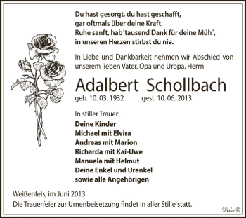 Traueranzeige von Adalbert Schollbach von Super Sonntag Zeitz