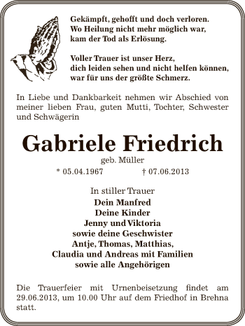 Traueranzeige von Gabriele Friedrich von WVG - Wochenspiegel Bitterfeld