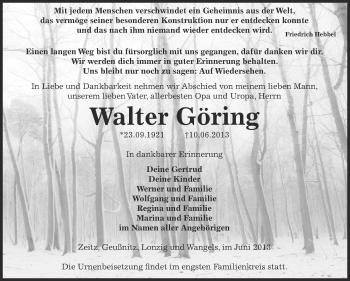 Traueranzeige von Walter Göring von Super Sonntag Zeitz