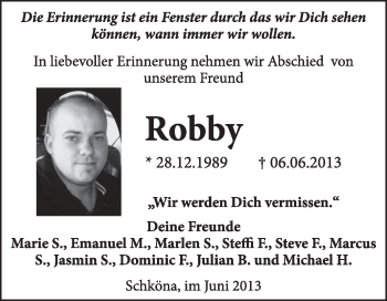 Traueranzeige von Robby Michalski von Super Sonntag Wittenberg