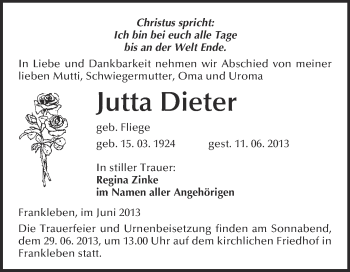 Traueranzeige von Jutta Dieter von WVG - Wochenspiegel Merseburg