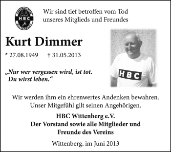 Traueranzeige von Kurt Dimmer von Super Sonntag Wittenberg