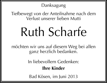 Traueranzeige von Ruth Scharfe von WVG - Wochenspiegel NMB / WSF / ZTZ