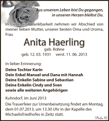 Traueranzeige von Anita Haerling von Super Sonntag Zeitz