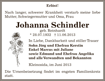 Traueranzeige von Johanna Schindler von Super Sonntag Zeitz