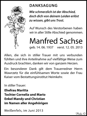 Traueranzeige von Manfred Sachse von WVG - Wochenspiegel NMB / WSF / ZTZ