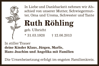 Traueranzeige von Ruth Röhling von Super Sonntag Bernburg
