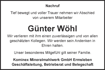 Traueranzeige von Günter Wöhl von Super Sonntag Quedlinburg