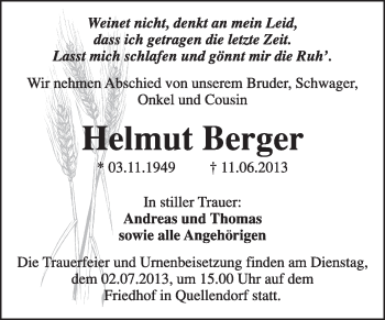 Traueranzeige von Helmut Berger von Super Sonntag Dessau / Köthen