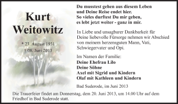 Traueranzeige von Kurt Weitowitz von WVG - Wochenspiegel Quedlinburg