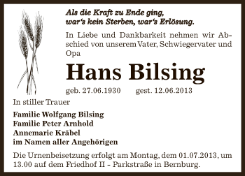Traueranzeige von Hans Bilsing von Super Sonntag Bernburg
