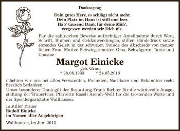 Traueranzeige von Margot Einicke von Super Sonntag SGH Mansf. Land