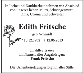 Traueranzeige von Edith Fritsche von Super Sonntag Dessau / Köthen