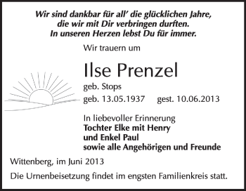Traueranzeige von Ilse Prenzel von WVG - Wochenspiegel Wittenberg