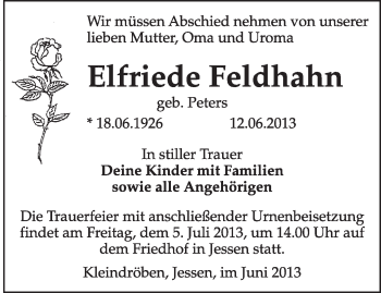 Traueranzeige von Elfriede Feldhahn von WVG - Wochenspiegel Wittenberg