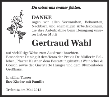 Traueranzeige von Gertraud Wahl von Super Sonntag Bernburg