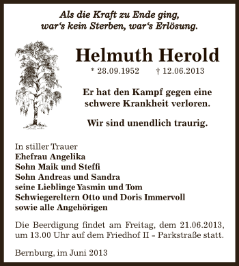 Traueranzeige von Helmuth Herold von Super Sonntag Bernburg