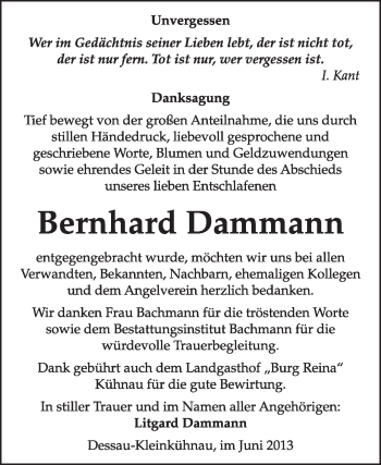 Traueranzeige von Bernhard Dammann von Super Sonntag Dessau / Köthen