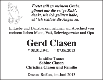 Traueranzeige von Gerd Clasen von Super Sonntag Dessau / Köthen