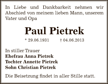 Traueranzeige von Paul Pietrek von WVG - Wochenspiegel Dessau / Köthen