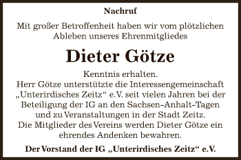 Traueranzeige von Dieter Götze von Super Sonntag Zeitz