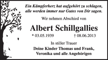 Traueranzeige von Albert Schillgallies von Super Sonntag Dessau / Köthen