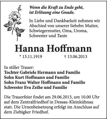 Traueranzeige von Hanna Hoffmann von Super Sonntag Dessau / Köthen