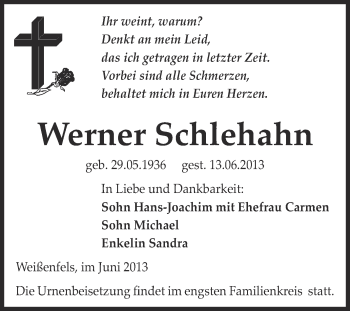 Traueranzeige von Werner Schlehahn von Super Sonntag Merseburg