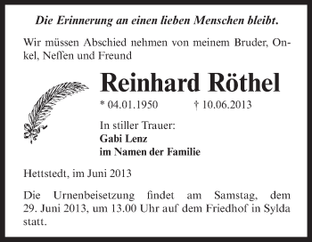 Traueranzeige von Reinhard Röthel von Super Sonntag Aschersleben
