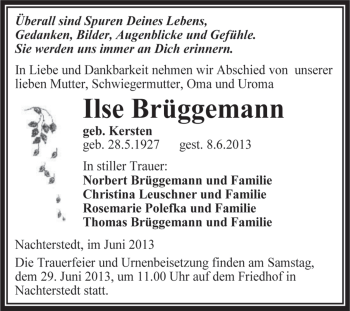 Traueranzeige von Ilse Brüggemann von Super Sonntag Aschersleben