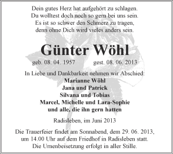 Traueranzeige von Günter Wöhl von WVG - Wochenspiegel Quedlinburg
