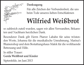 Traueranzeige von Wilfried Weißbrot von WVG - Wochenspiegel Quedlinburg