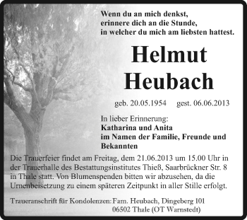 Traueranzeige von Helmut Heubach von Super Sonntag Quedlinburg