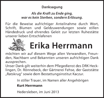 Traueranzeige von Erika Herrmann von WVG - Wochenspiegel Quedlinburg