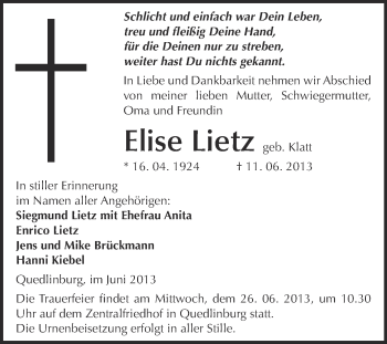 Traueranzeige von Elise Lietz von WVG - Wochenspiegel Quedlinburg