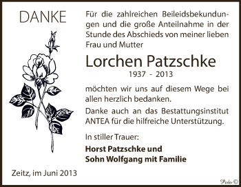 Traueranzeige von Lorchen Patzschke von Super Sonntag Zeitz