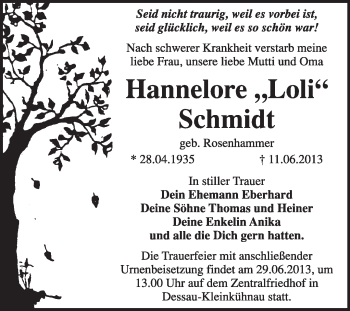 Traueranzeige von Hannelore Schmidt von Super Sonntag Dessau / Köthen