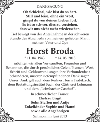 Traueranzeige von Horst Broda von Super Sonntag Merseburg